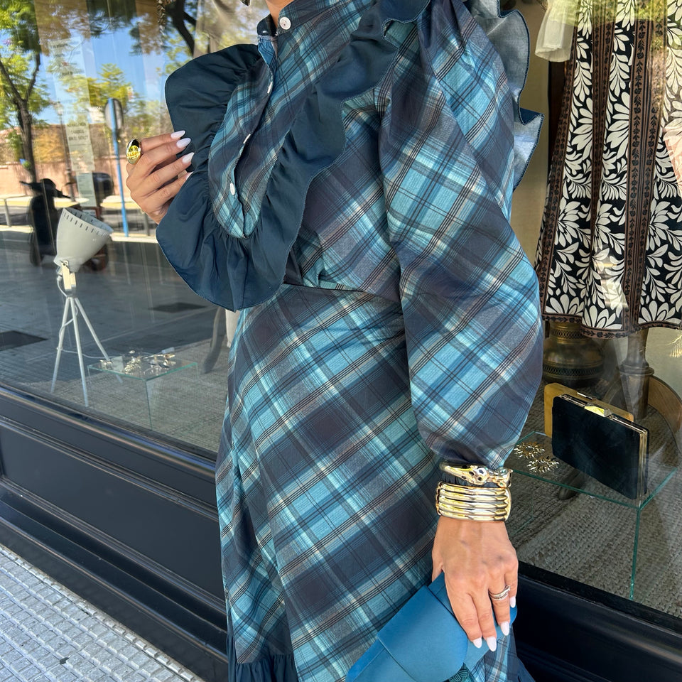 CONJUNTO DE FALDA ESTAMPADO DE CUADROS AZUL