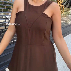 VESTIDO MARRÓN CON VIVO BEIGE
