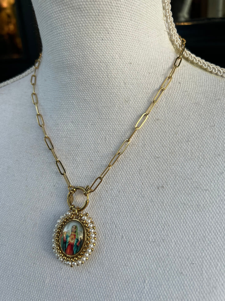 CADENA CORAZON DE MARIA Y PERLAS