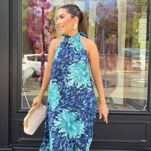 VESTIDO ESTAMPADO TONOS AZULES CUELLO HALTER