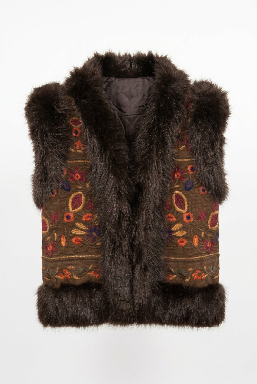 CHALECO BORDADO BOHO CON PELO SINTÉTICO MARRON