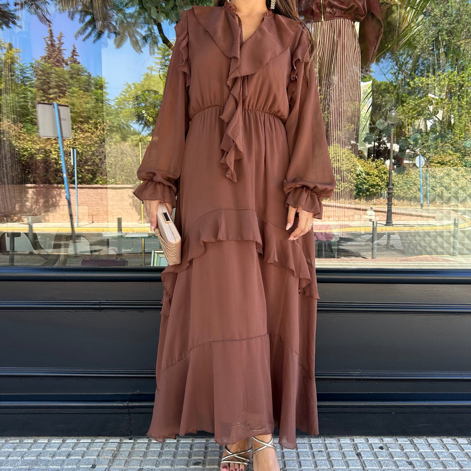 VESTIDO VOLANTES MARRON
