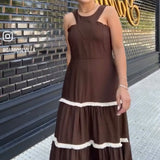 VESTIDO MARRÓN CON VIVO BEIGE