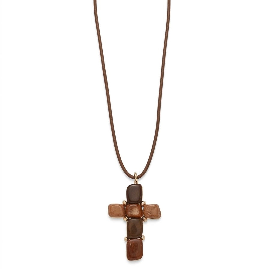 COLLAR LARGO CRUZ MARRON