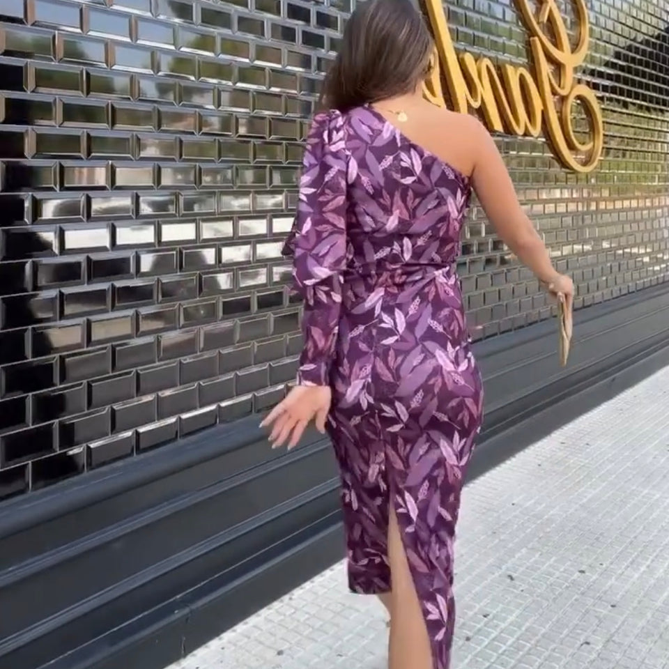 VESTIDO DE UNA MANGA ESTAMPADO MORADO