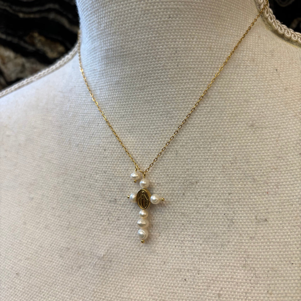 CADENA CRUZ DE PERLAS Y MILAGROSA