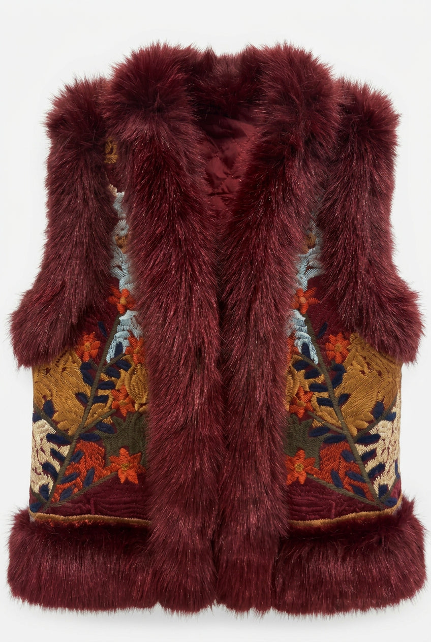 CHALECO BORDADO BOHO CON PELO SINTÉTICO BURDEOS
