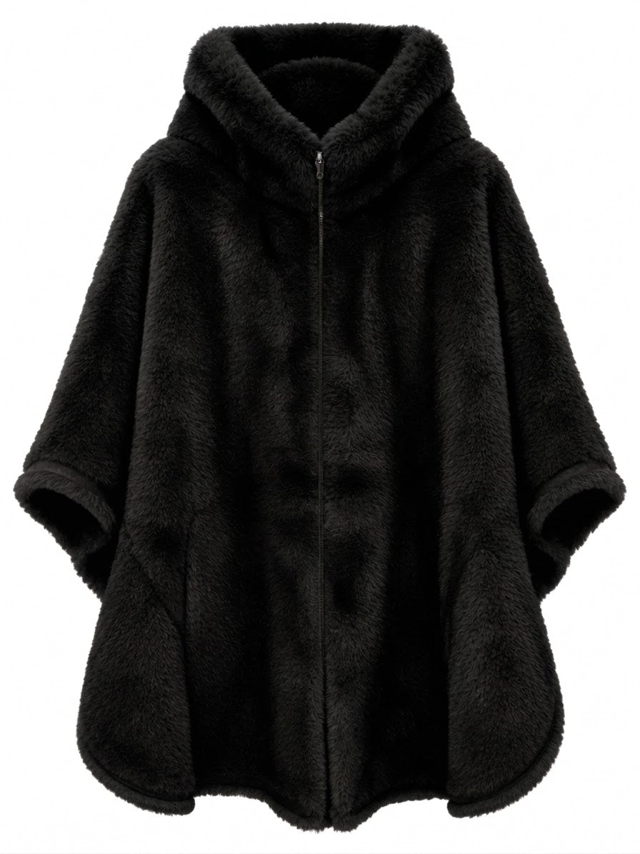 PONCHO DE PELO SINTETICO NEGRO CON CREMALLERA