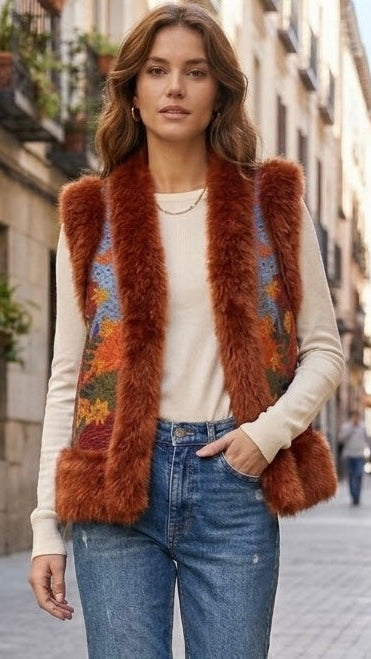 CHALECO BORDADO BOHO CON PELO SINTÉTICO TEJA