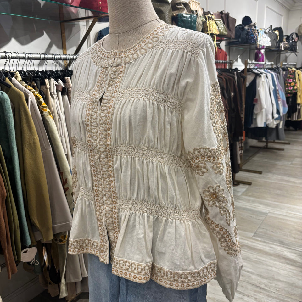 CHAQUETA BORDADA Y FRUNCIDA BEIGE Y CAMEL