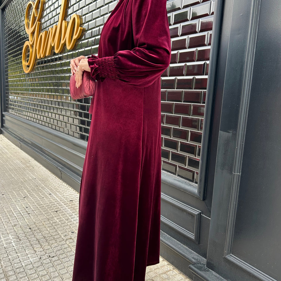 KIMONO DE TERCIOPELO CON MANGA FRUNCIDA BURDEOS