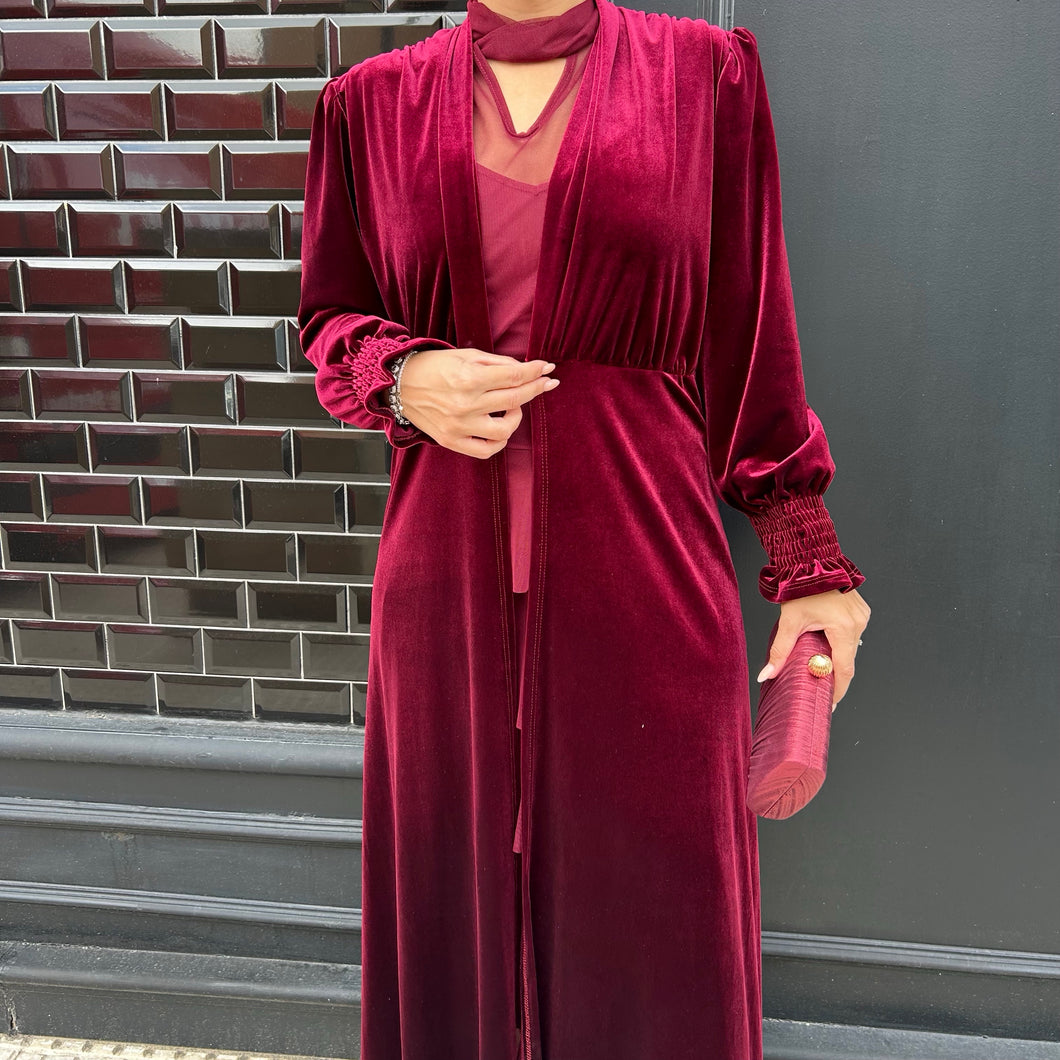 KIMONO DE TERCIOPELO CON MANGA FRUNCIDA BURDEOS