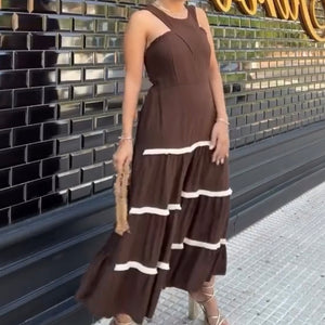 VESTIDO MARRÓN CON VIVO BEIGE