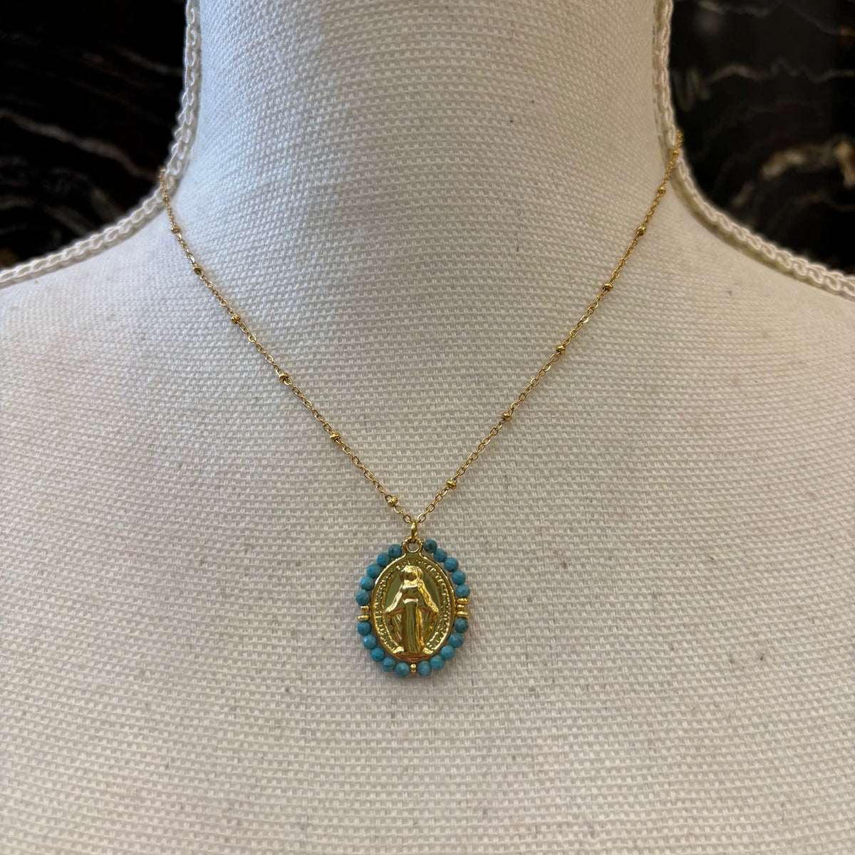 CADENA CON VIRGEN MILAGROSA TURQUESA