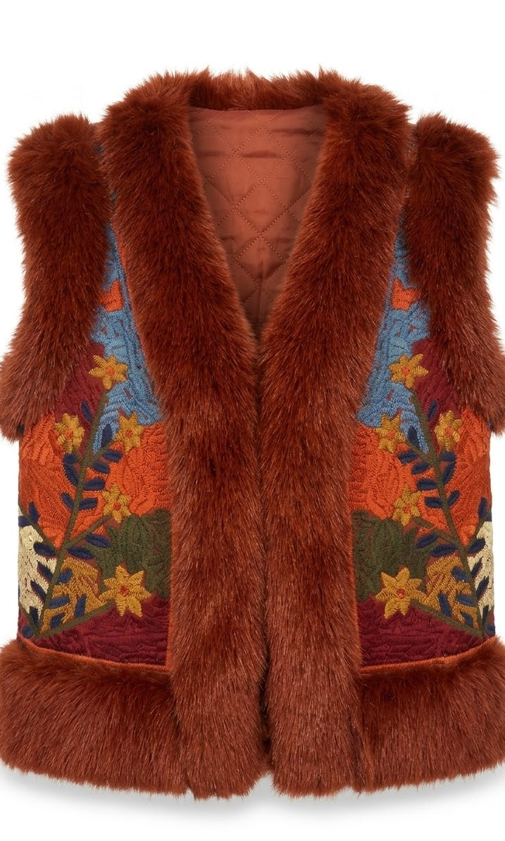CHALECO BORDADO BOHO CON PELO SINTÉTICO TEJA