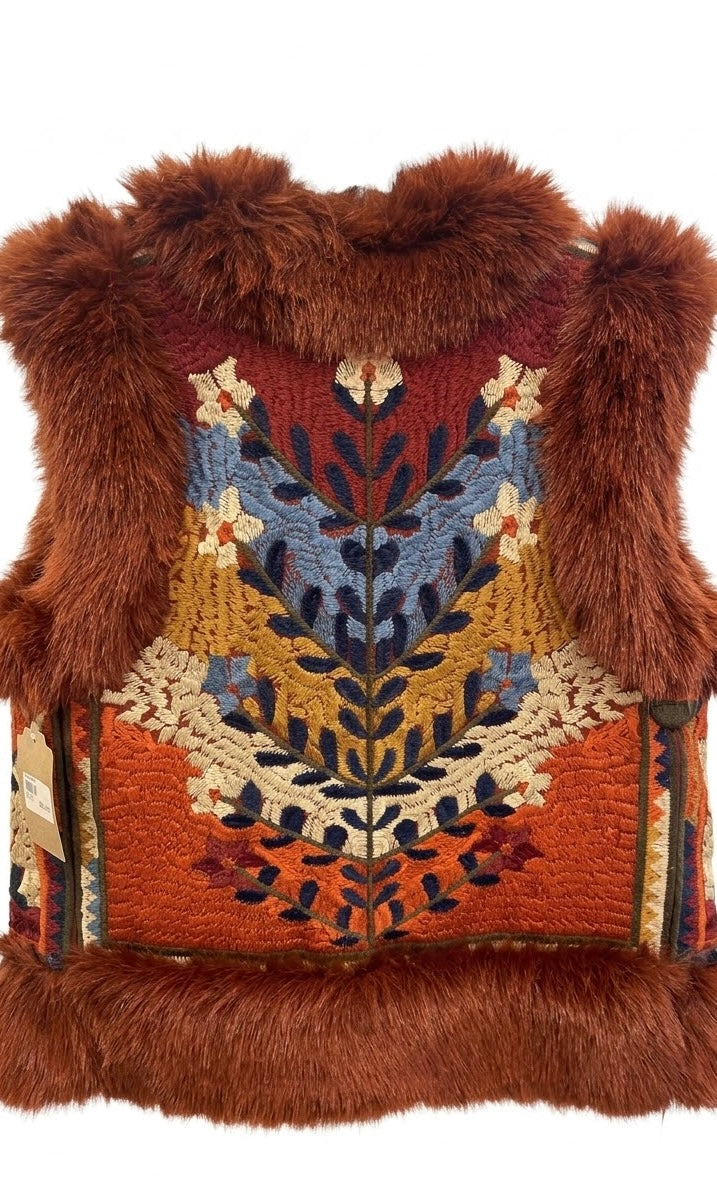 CHALECO BORDADO BOHO CON PELO SINTÉTICO TEJA