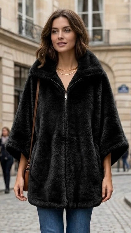 PONCHO DE PELO SINTETICO NEGRO CON CREMALLERA