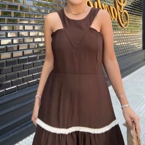 VESTIDO MARRÓN CON VIVO BEIGE