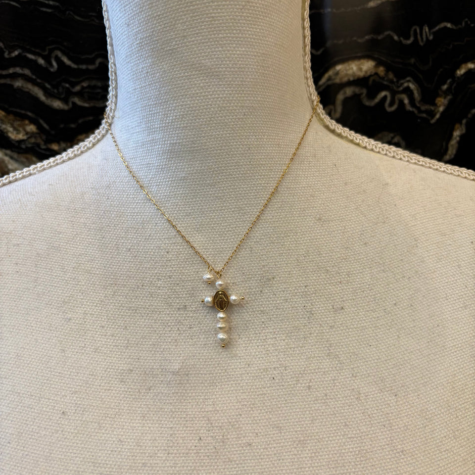 CADENA CRUZ DE PERLAS Y MILAGROSA