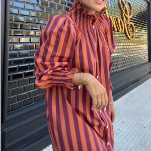 VESTIDO CAMISERO DE RAYAS ROSA Y NARANJA