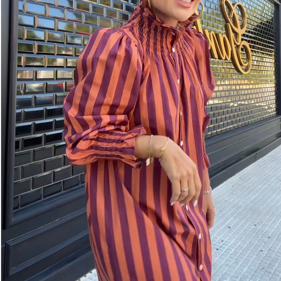 VESTIDO CAMISERO DE RAYAS ROSA Y NARANJA