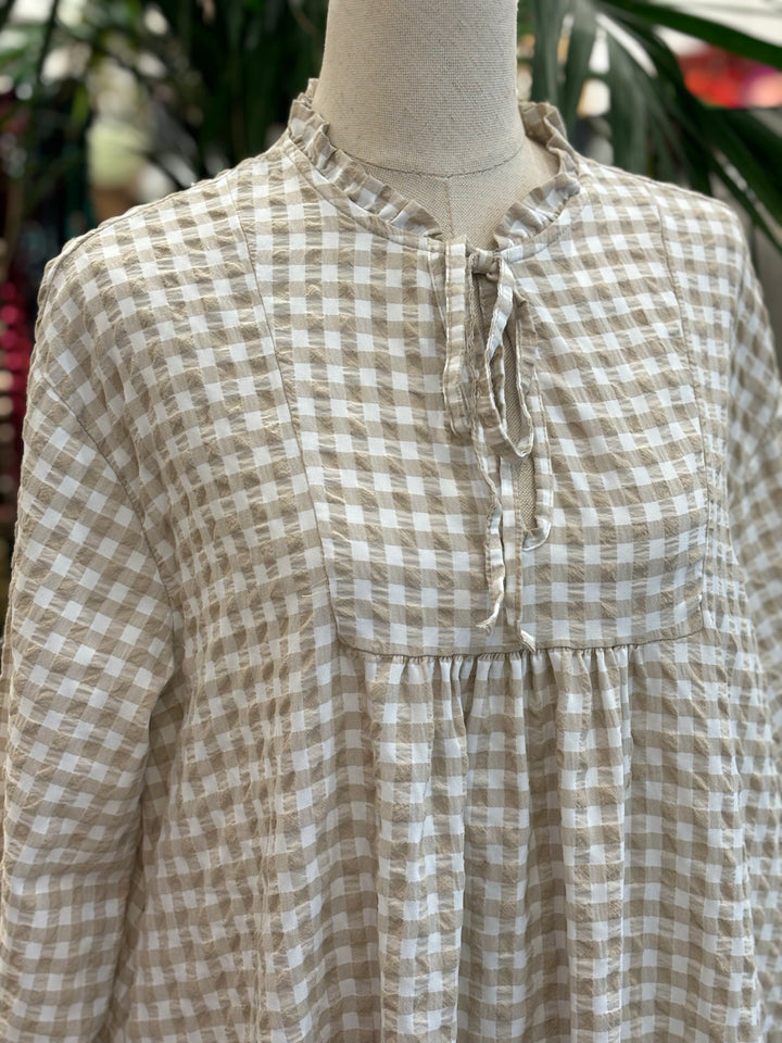 VESTIDO DE CUADRO VICHY BEIGE
