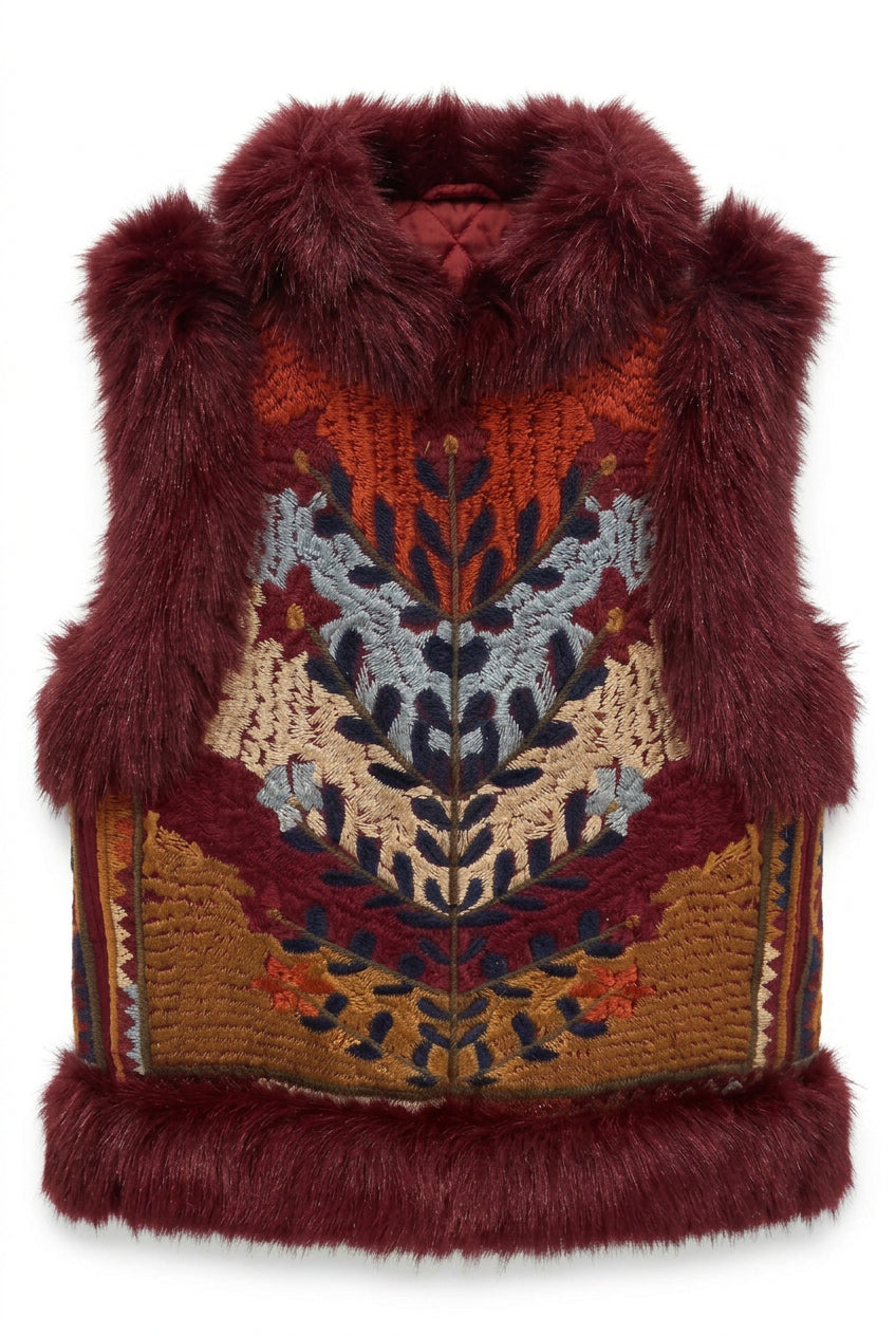 CHALECO BORDADO BOHO CON PELO SINTÉTICO BURDEOS