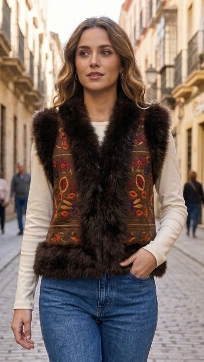 CHALECO BORDADO BOHO CON PELO SINTÉTICO MARRON