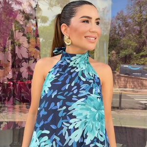 VESTIDO ESTAMPADO TONOS AZULES CUELLO HALTER