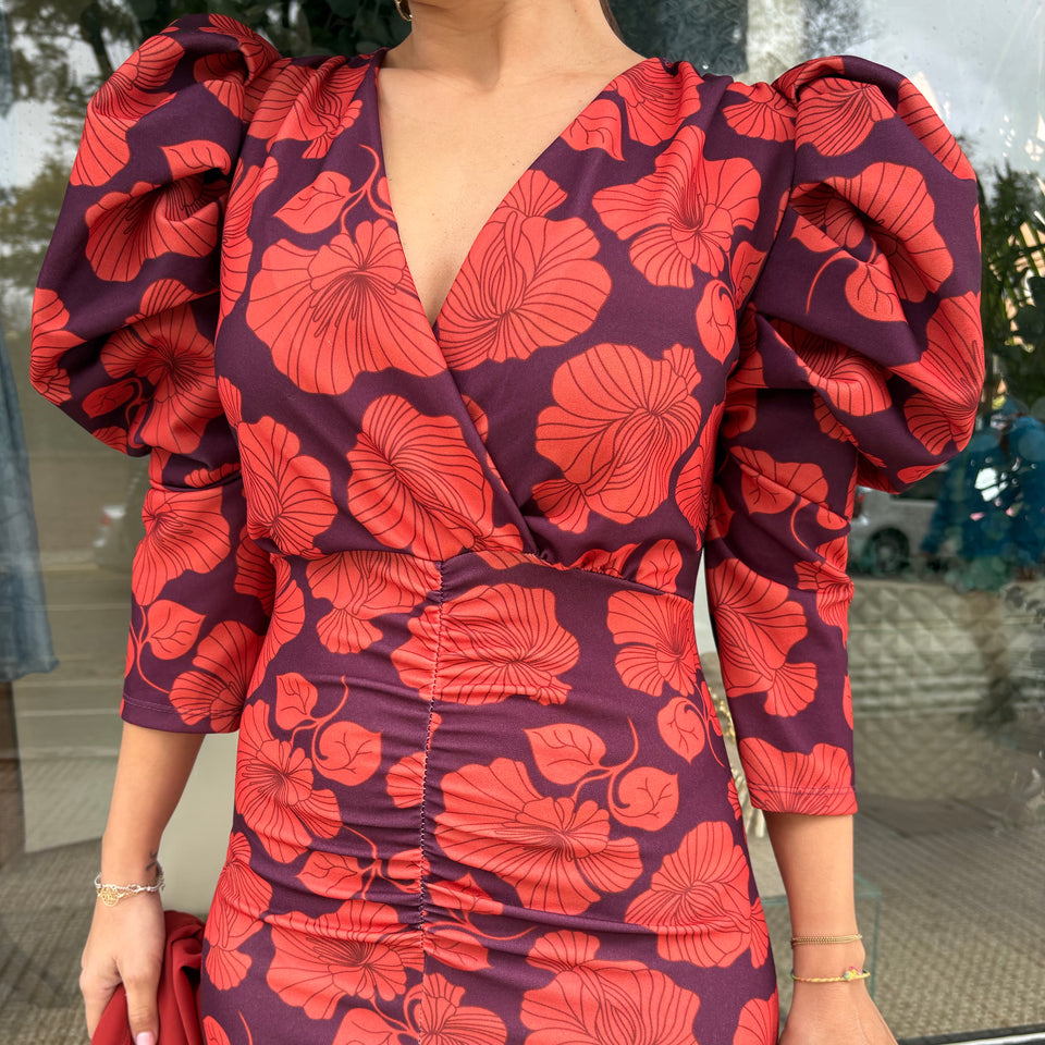 VESTIDO ESTAMPADO DE FLORES CALDERA Y MORADO