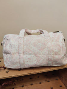 BOLSA MEDIANA ESTAMPADA FONDO BEIGE DIBUJOS EN ROSA