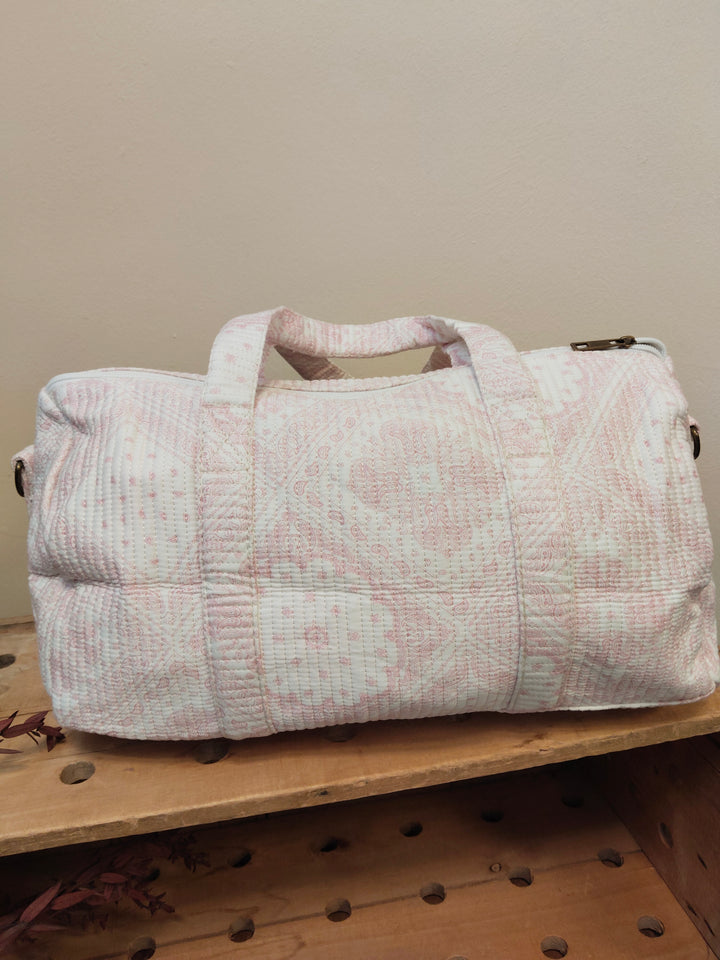 BOLSA MEDIANA ESTAMPADA FONDO BEIGE DIBUJOS EN ROSA